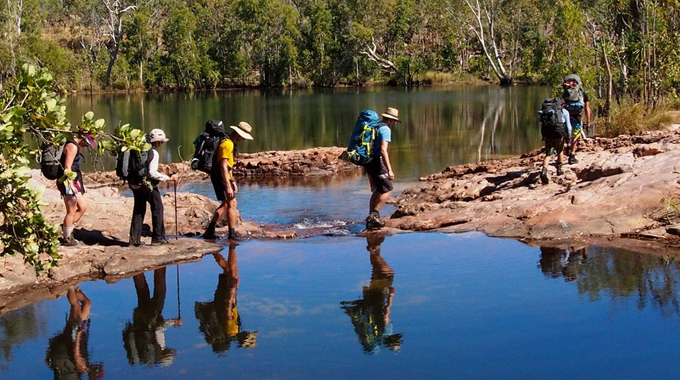 Group crossing a small river